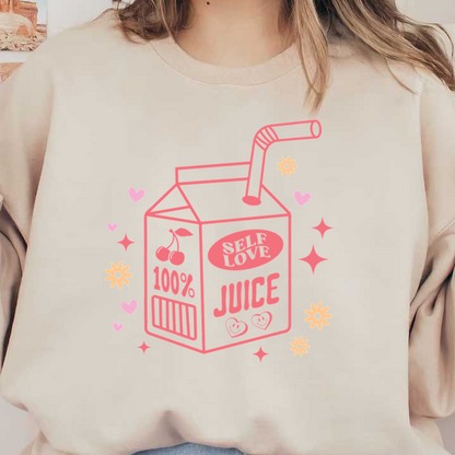 Un diseño divertido de caja de jugo que presenta la frase "Self Love" con una pajita, cerezas y encantadoras decoraciones en tonos pastel.