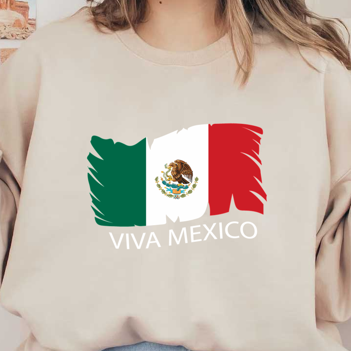 Celebrate Mexico with a vibrant flag design featuring green, white, and red colors, adorned with an eagle and "Viva Mexico!" text. dtf prints