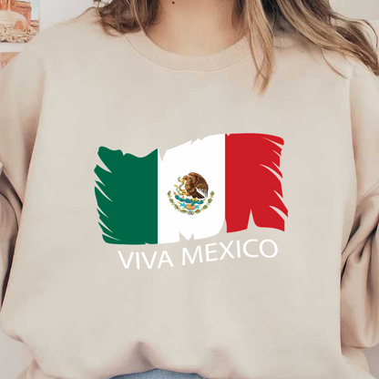 Celebrate Mexico with a vibrant flag design featuring green, white, and red colors, adorned with an eagle and "Viva Mexico!" text. dtf prints
