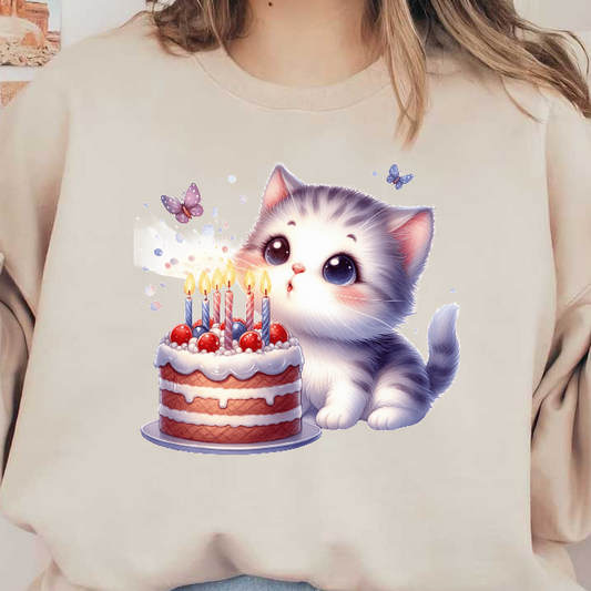 A cute illustrated cat next to a delicious birthday cake adorned with colorful candles and vibrant decorations.DTF Transfers