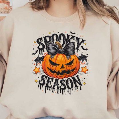 A playful Halloween design featuring a carved pumpkin with a bow, bats, and the phrase "Spooky Season." dtf prints