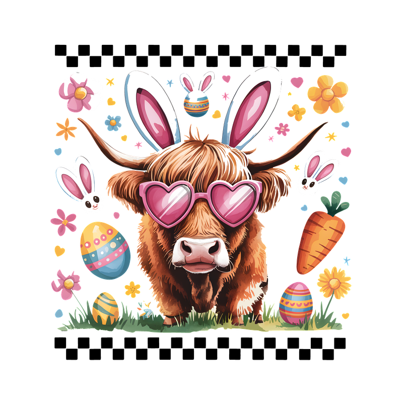 This whimsical illustration features a Highland cow wearing heart-shaped sunglasses, surrounded by colorful Easter decorations like eggs, flowers, and carrots.DTF Transfers
