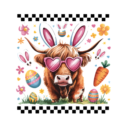 This whimsical illustration features a Highland cow wearing heart-shaped sunglasses, surrounded by colorful Easter decorations like eggs, flowers, and carrots.DTF Transfers