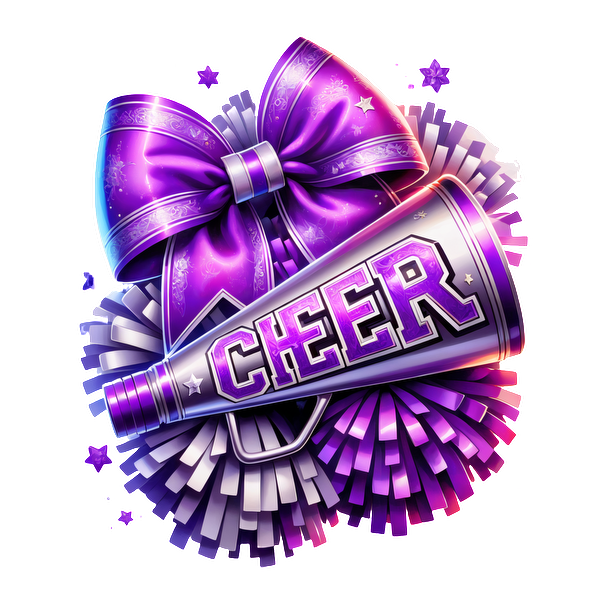 A vibrant cheerleader design featuring a megaphone adorned with the word "CHEER," complemented by a purple bow and colorful pom-poms.DTF Transfers heat press transfers