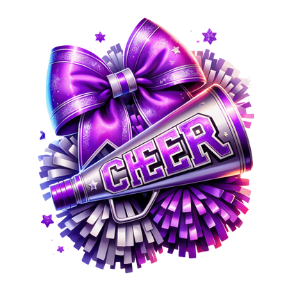 A vibrant cheerleader design featuring a megaphone adorned with the word "CHEER," complemented by a purple bow and colorful pom-poms.DTF Transfers heat press transfers