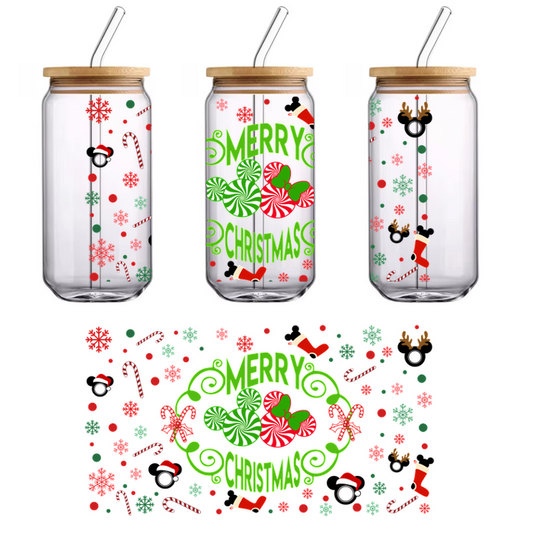 A festive graphic featuring the words "Merry Christmas" with colorful candy canes, snowflakes, and ornaments in vibrant reds and greens.UV Transfersdtf regular iron