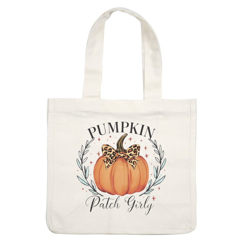 Charming pumpkin illustration with a leopard print bow, surrounded by decorative leaves, perfect for a whimsical fall design. heat press transfers