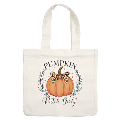 Charming pumpkin illustration with a leopard print bow, surrounded by decorative leaves, perfect for a whimsical fall design. heat press transfers