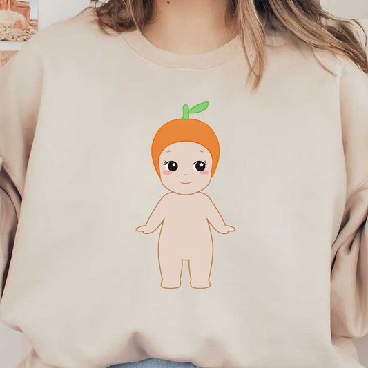 Adorable cartoon baby with a cute orange fruit hat and playful expression, perfect for a whimsical design or decoration.DTF Transfers dtf prints