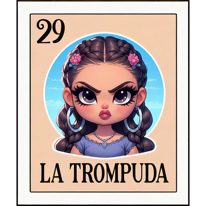 Una ilustración vibrante que presenta a una niña con cabello trenzado y aretes, titulada "La Trompuda", que muestra una expresión juguetona pero feroz.