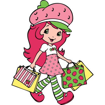 Strawberry-themed animated character cheerfully carrying colorful shopping bags, dressed in a polka-dot dress and striped leggings.DTF Transfers