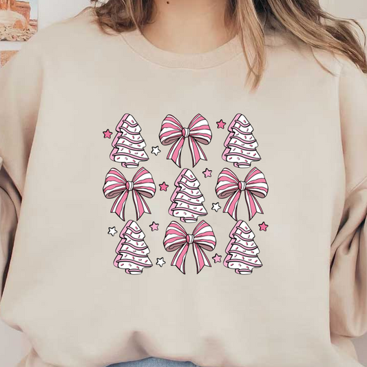 A whimsical pattern featuring pink and white Christmas trees and bows, accented with stars for a festive touch. dtf prints