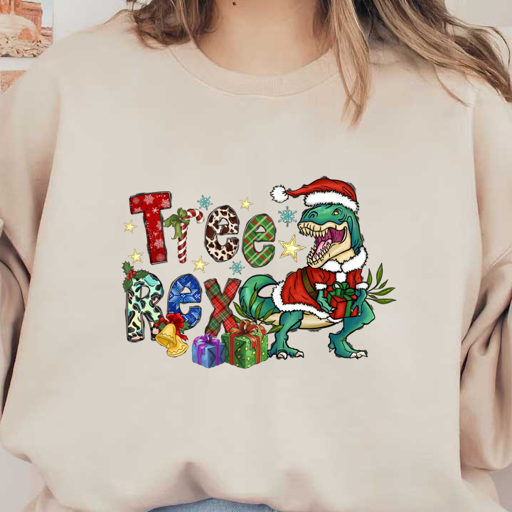 A festive and playful design featuring a dinosaur in a Santa hat, surrounded by colorful letters, gifts, and holiday decorations.DTF Transfers heat press transfers