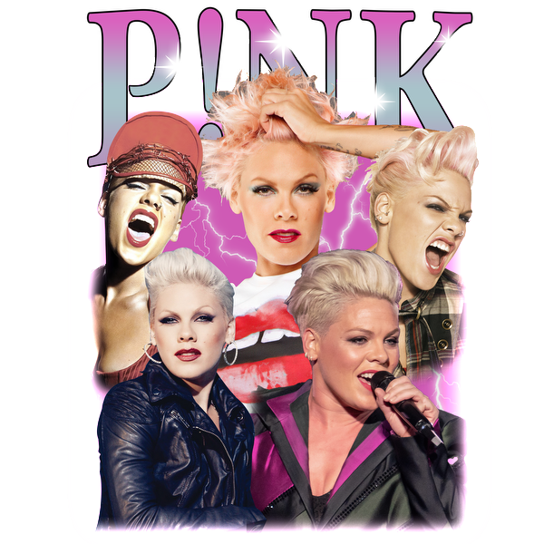 A vibrant collage of P!nk showcasing her iconic styles and powerful performances throughout her career.DTF Transfersdtf regular iron