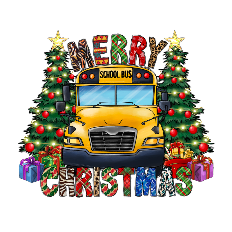 Celebrate the holiday spirit with this cheerful illustration featuring a bright yellow school bus, decorated Christmas trees, and vibrant gifts!DTF Transfers heat press transfers dtf prints