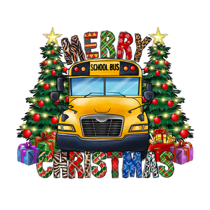 Celebrate the holiday spirit with this cheerful illustration featuring a bright yellow school bus, decorated Christmas trees, and vibrant gifts!DTF Transfers heat press transfers dtf prints