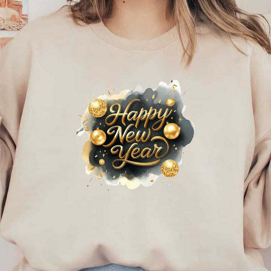 A festive Happy New Year design featuring elegant gold lettering, sparkling ornaments, and a vibrant black and gold watercolor background.DTF Transfers