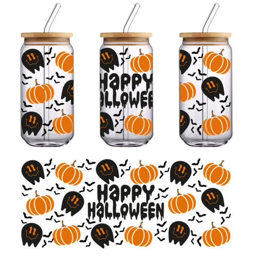 Celebrate the spirit of Halloween with this vibrant and playful design featuring pumpkins and cheerful ghosts!UV Transfersdtf regular iron