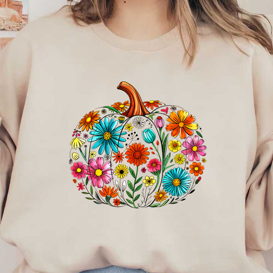 A vibrant pumpkin adorned with colorful flowers, blending autumn and spring themes.DTF Transfers