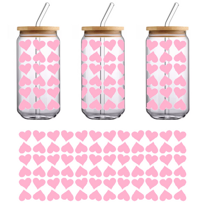 A fabric with green diamond pattern and pink hearts.UV Transfers