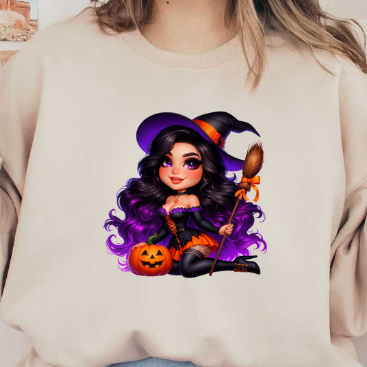 Un encantador personaje de bruja con cabello de temática púrpura, vestido con un elegante traje negro y naranja, sosteniendo una escoba y una calabaza.