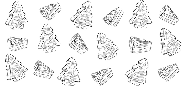 Un patrón caprichoso que presenta árboles dibujados a mano y remolinos divertidos, perfecto para decoraciones festivas o diseños con temática navideña. Transferencias UV