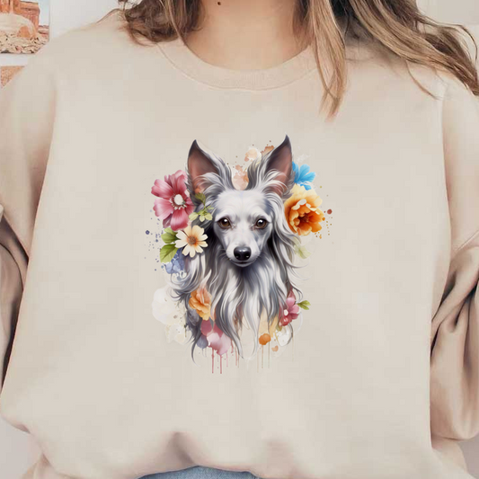 Una ilustración bellamente detallada de un perro peludo rodeado de flores vibrantes, que muestra sus rasgos expresivos y sus ojos encantadores.