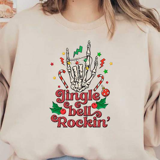 A festive design featuring a skeletal hand with colorful ornaments, candy canes, and the playful phrase "Jingle bell Rockin'." heat press transfers