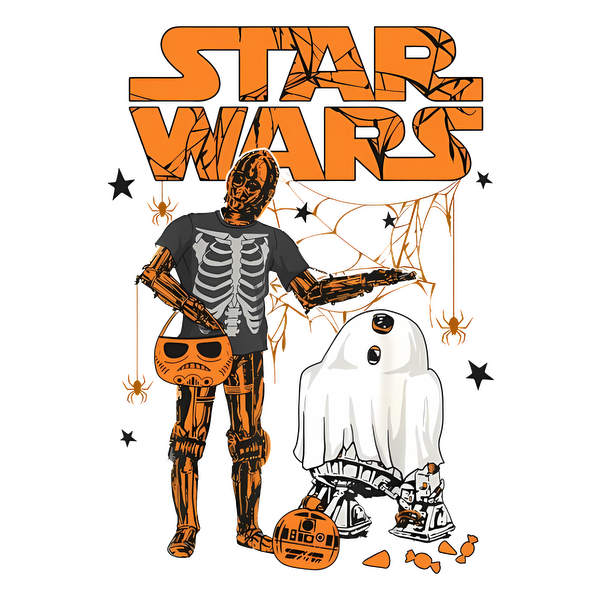 A playful Star Wars graphic featuring a skeletal robot in a Halloween costume alongside a cute ghost droid. dtf transfers