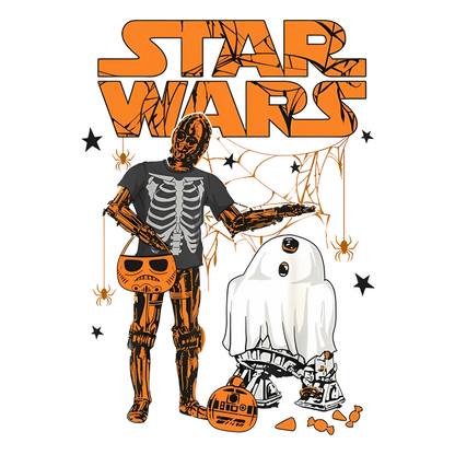 A playful Star Wars graphic featuring a skeletal robot in a Halloween costume alongside a cute ghost droid. dtf transfers