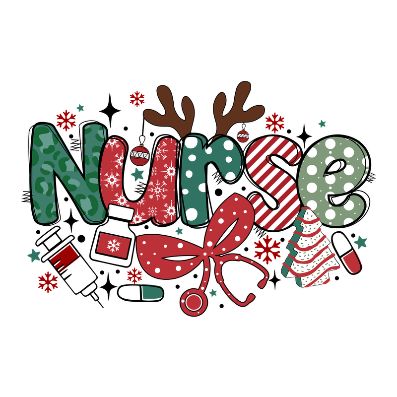 A festive design featuring the word "Nurse" with playful holiday elements like reindeer antlers, Christmas trees, and vibrant colors.DTF Transfers