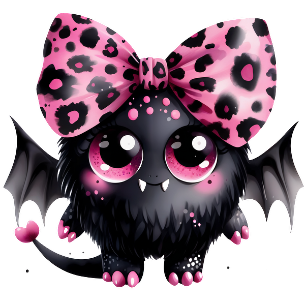 Este lindo murciélago de estilo chibi tiene un pelaje negro esponjoso, ojos grandes y expresivos y un lazo con estampado de leopardo rosa vibrante.