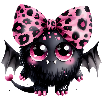 Este lindo murciélago de estilo chibi tiene un pelaje negro esponjoso, ojos grandes y expresivos y un lazo con estampado de leopardo rosa vibrante.