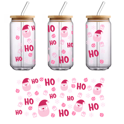 A cheerful holiday pattern featuring playful Santa faces, festive "HO" text, snowflakes, and wrapped gifts in pink tones.UV Transfers