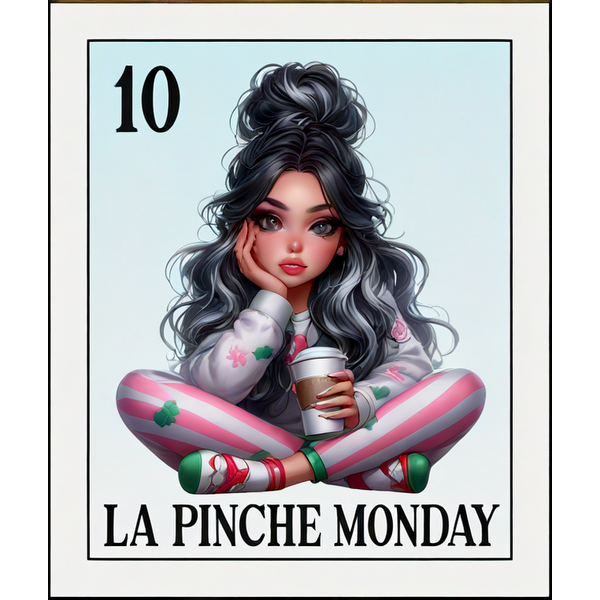 Una ilustración vibrante que presenta a una niña con un atuendo acogedor, tomando café y celebrando el "Lunes de Pinche" con espíritu lúdico.