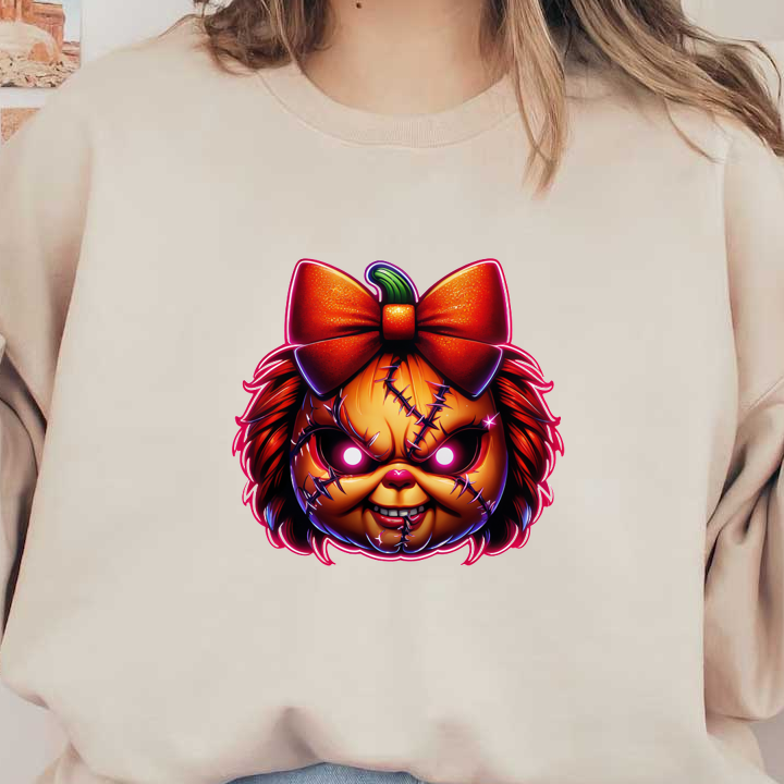 Esta vibrante ilustración presenta una muñeca espeluznante con un diseño con temática de calabaza, cabello vibrante y un gran lazo rojo, que irradia una vibra divertida pero inquietante.