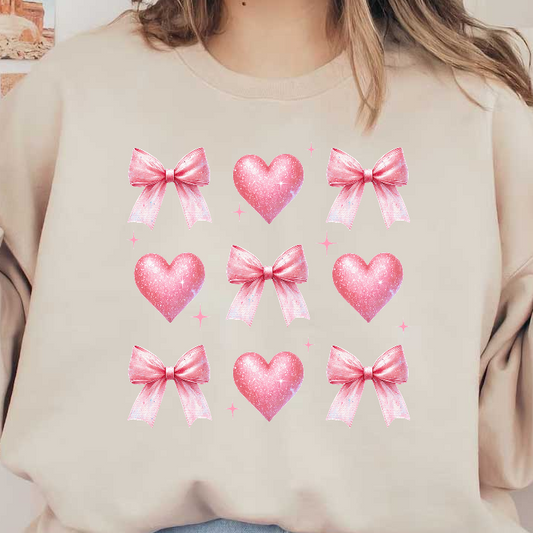 A playful pattern featuring sparkling pink hearts and elegant bows, perfect for adding a touch of whimsy to your designs!DTF Transfers