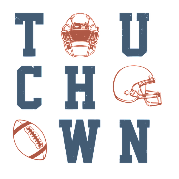 Un diseño gráfico vibrante que presenta la palabra "TOUCHDOWN" junto con ilustraciones de fútbol y cascos, perfecto para los entusiastas de los deportes.