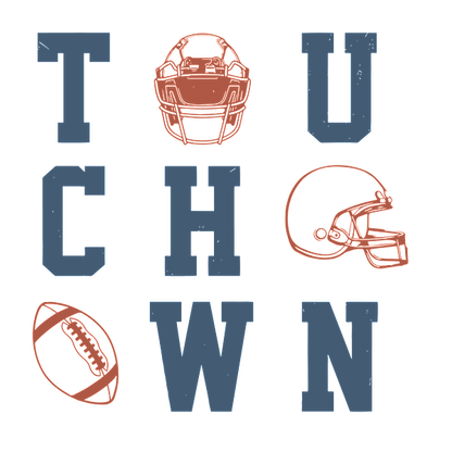 Un diseño gráfico vibrante que presenta la palabra "TOUCHDOWN" junto con ilustraciones de fútbol y cascos, perfecto para los entusiastas de los deportes.