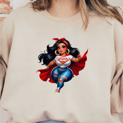 Un vibrante personaje de mamá superhéroe que viste una camiseta "SUPER MOM", jeans rotos y una capa roja, y que irradia confianza y estilo.