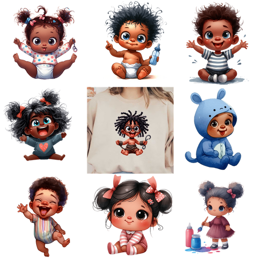 Cute baby tees and onesies displayed on a black background.DTF Transfers