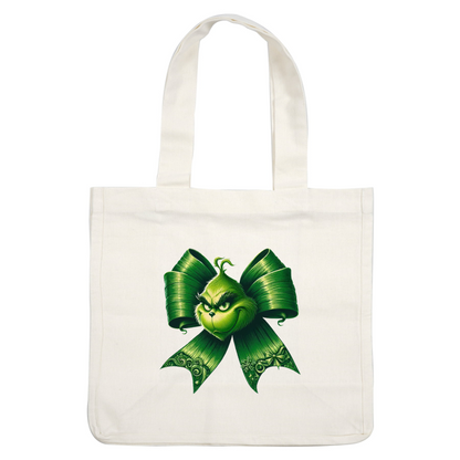 A festive green bow featuring the Grinch's mischievous face, perfect for holiday decorations.dtf regular iron