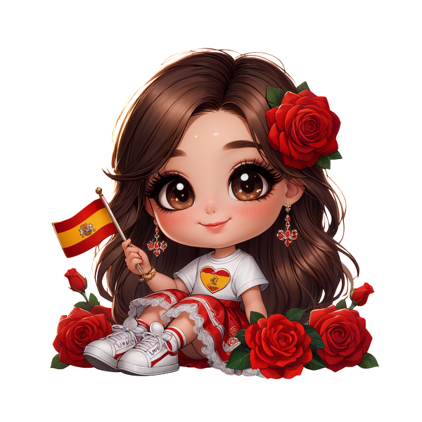 A charming, animated girl with long hair and a heart-themed shirt, holding a Spanish flag amidst vibrant red roses.DTF Transfers dtf transfers