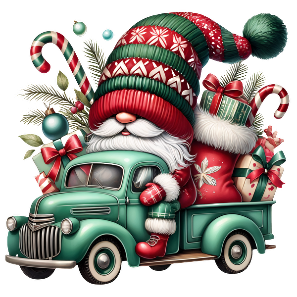 A cheerful Santa in a festive green truck, surrounded by gifts, candy canes, and holiday decorations.DTF Transfers heat press transfers