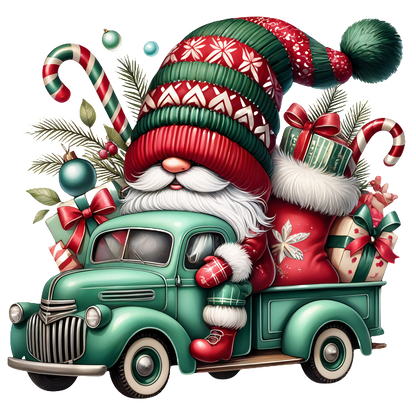 A cheerful Santa in a festive green truck, surrounded by gifts, candy canes, and holiday decorations.DTF Transfers heat press transfers