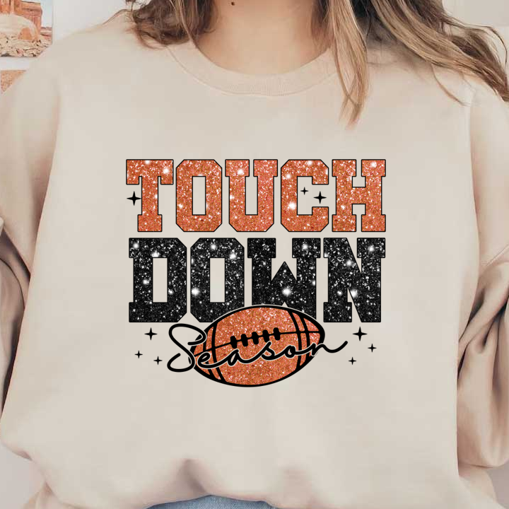 Texto brillante "TOUCH DOWN" con un gráfico de fútbol, ​​¡perfecto para celebrar el día del juego con estilo!