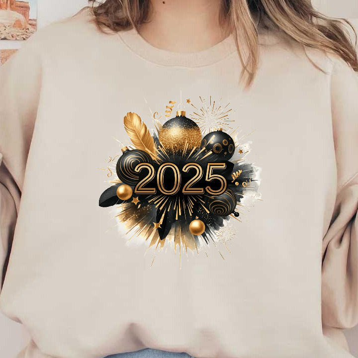 Celebrate the New Year with a festive design featuring gold and black ornaments, fireworks, and the year "2025" in bold letters.DTF Transfers