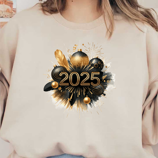 Celebrate the New Year with a festive design featuring gold and black ornaments, fireworks, and the year "2025" in bold letters.DTF Transfers