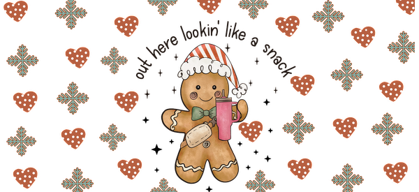 A cheerful gingerbread man in a festive hat holds a pink drink, surrounded by hearts and snowflake patterns, spreading holiday cheer!UV Transfers dtf prints