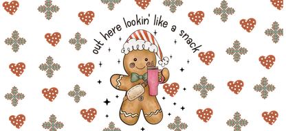 A cheerful gingerbread man in a festive hat holds a pink drink, surrounded by hearts and snowflake patterns, spreading holiday cheer!UV Transfers dtf prints